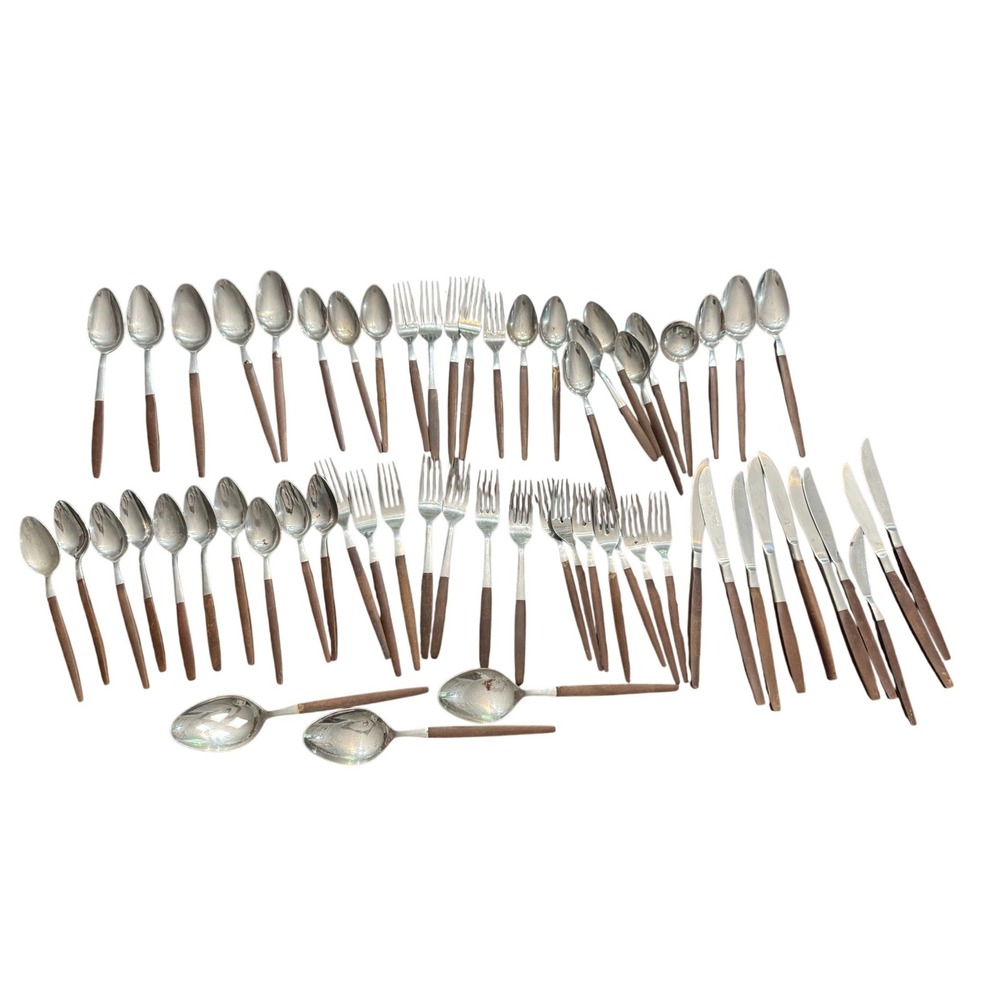 Ekco Eterna Canoe Muffin Flatware Set Mid Century Modern Wood Handle Japan 60pc